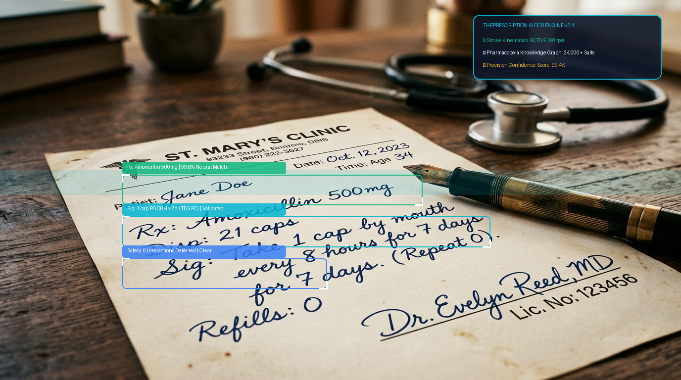 Futuristic digital tablet displaying an AI neural network scanning a handwritten medical prescription into clean structured digital schedules