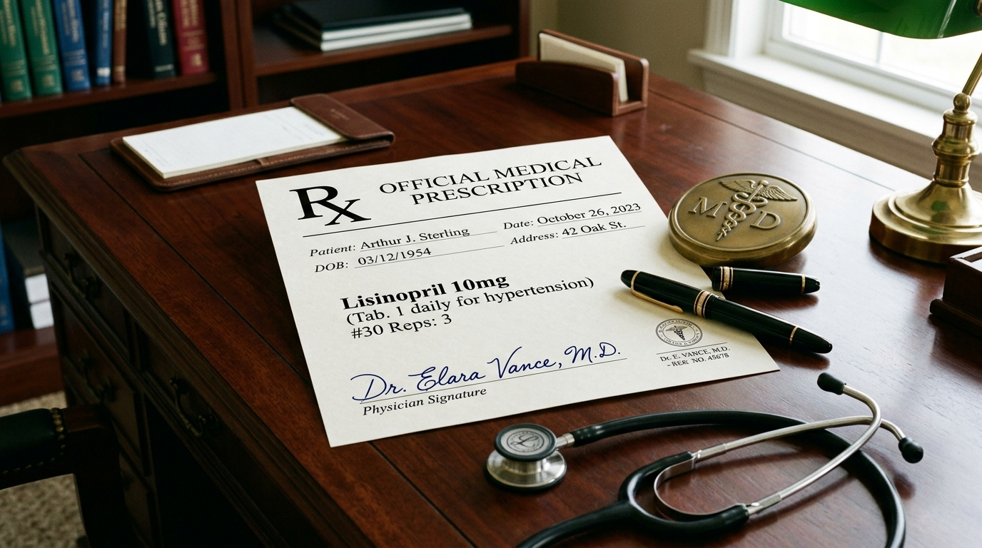 Vintage medical prescription document overlaid with clinical anatomical callouts highlighting Superscription Rx, Inscription, and Signa