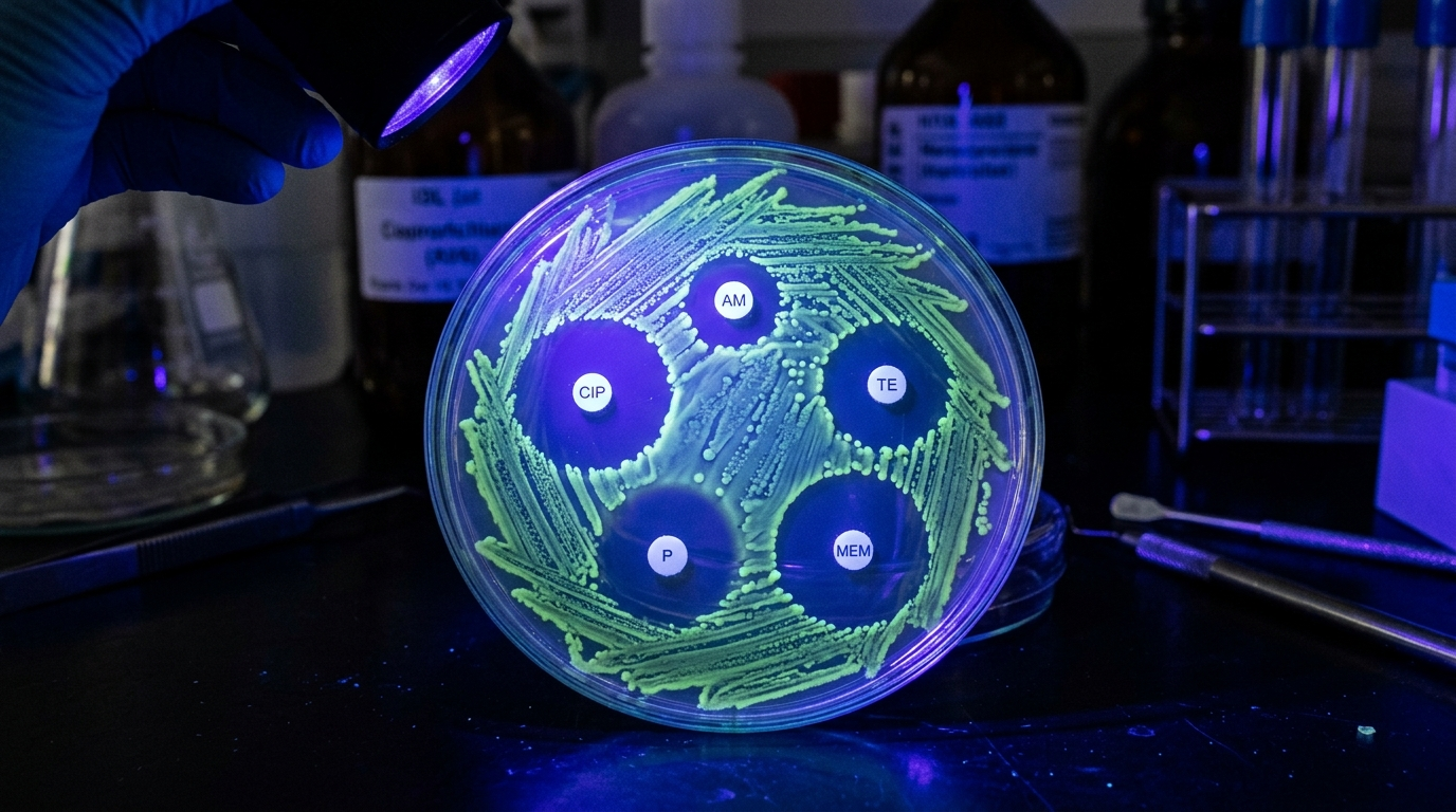 Microbiology Petri dish displaying bacterial colonies with clear zones of antibiotic inhibition beside an amber pharmaceutical prescription vial
