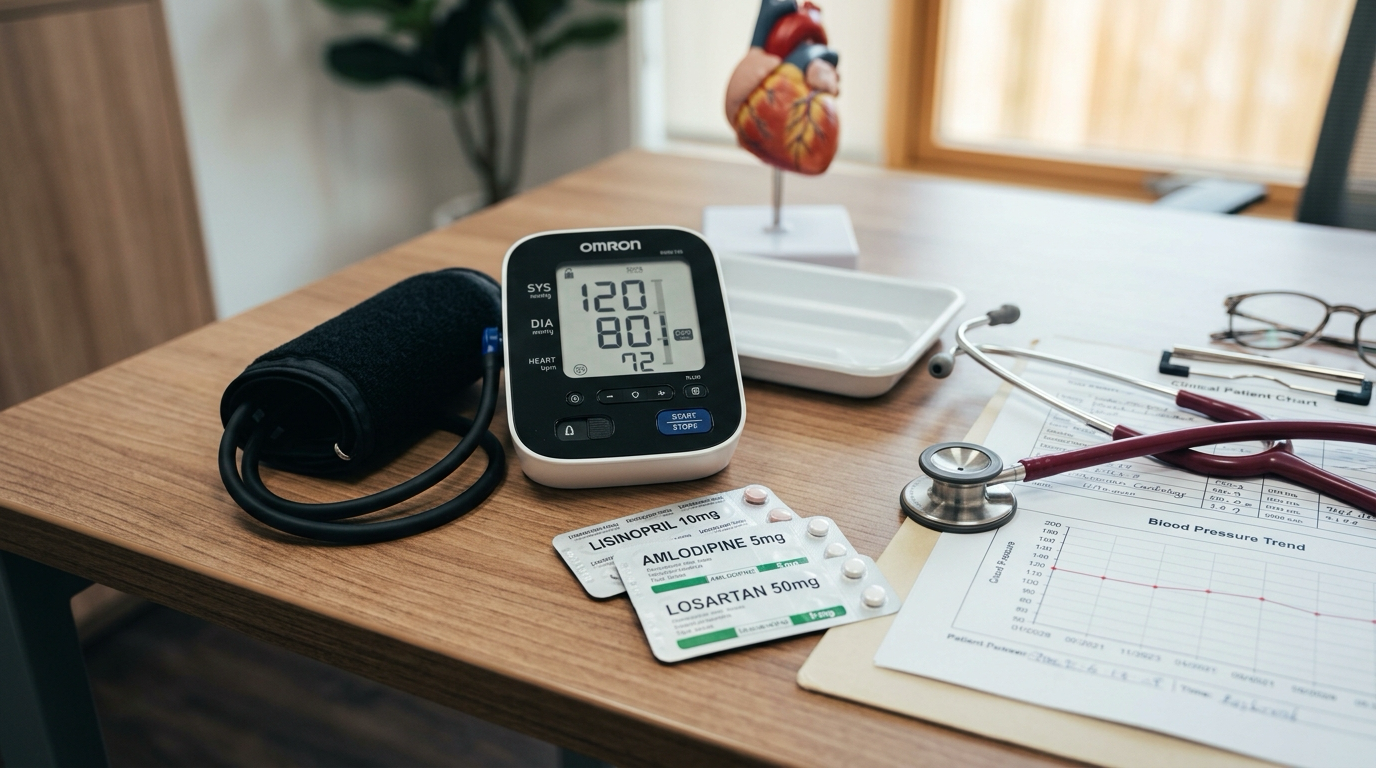 Doctor consultation desk with a digital blood pressure monitor showing 120/80 mmHg, arm cuff, stethoscope, clinical chart, and prescription blister packs of Lisinopril, Amlodipine, and Losartan