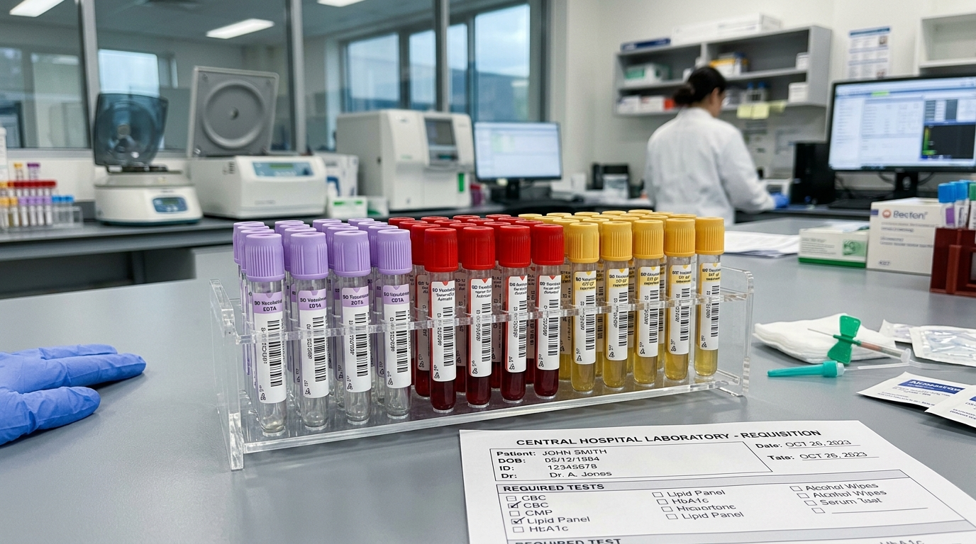 Clinical laboratory phlebotomy test tubes with colorful rubber stoppers beside a printed laboratory requisition report sheet