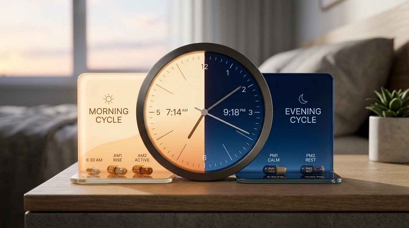 Modern minimalist clinical clock face overlaid with pharmaceutical capsules highlighting morning and evening chronotherapy windows