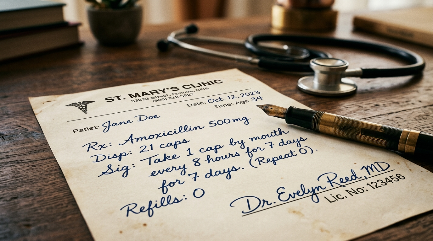 Vintage fountain pen resting on a handwritten clinical doctor prescription sheet with stethoscope in soft focus