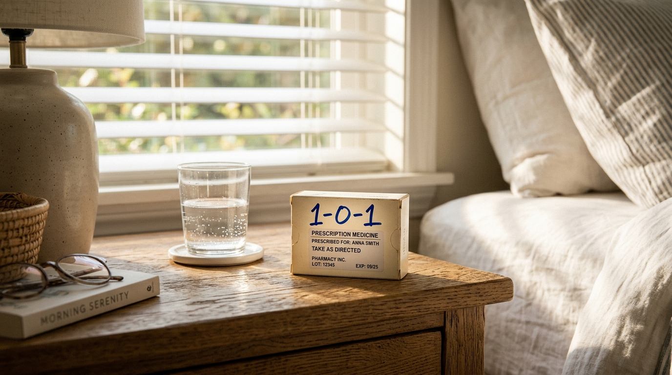 Handwritten medicine box with 1-0-1 clearly marked in blue ballpoint pen next to a morning and evening blister strip on a bedside table