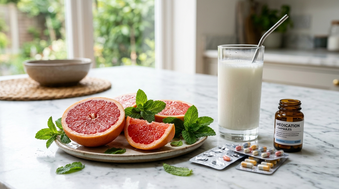 Fresh sliced pink grapefruit resting beside pharmaceutical prescription blister packs and a glass of water on a kitchen counter