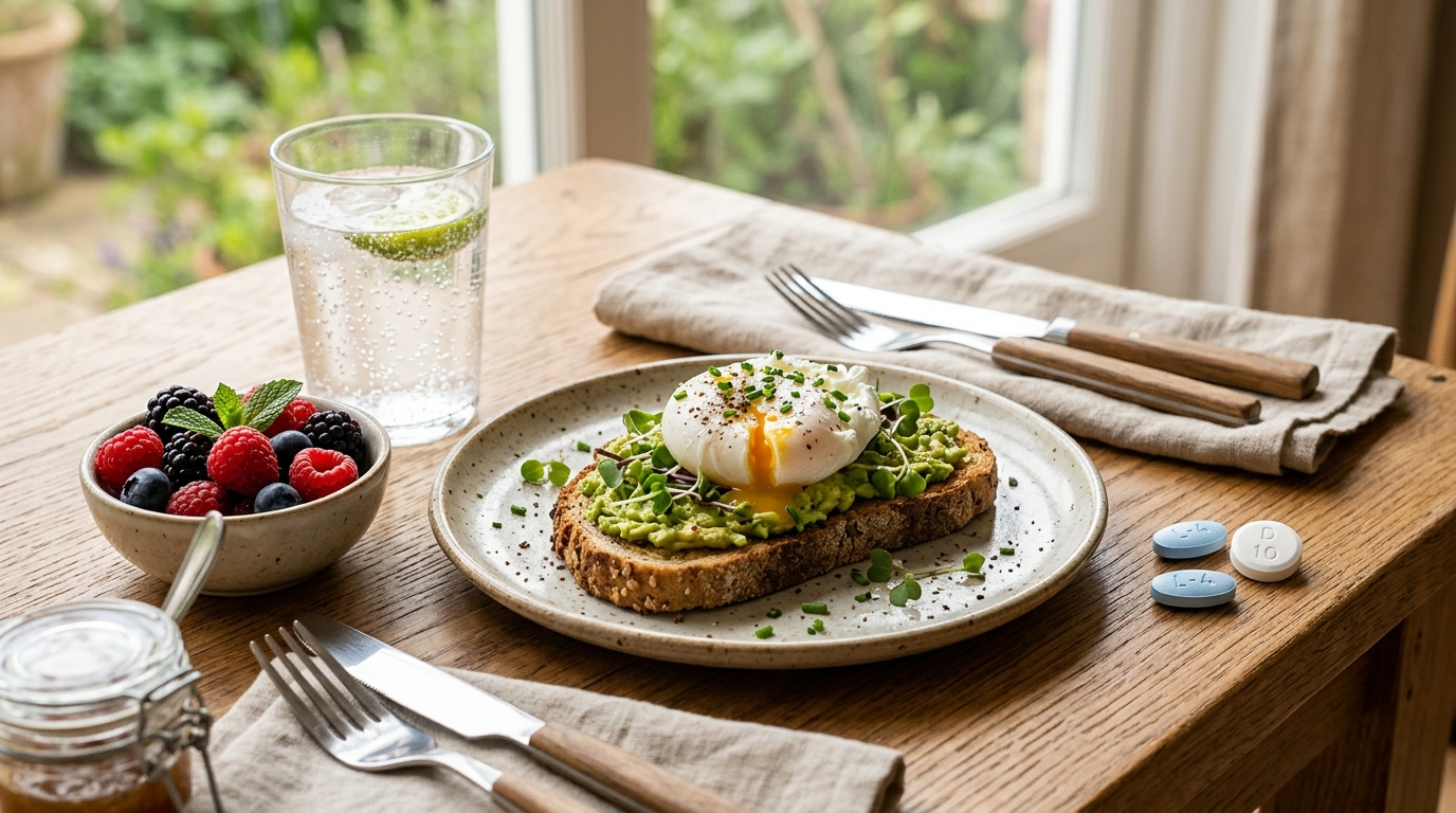 A plate of light breakfast food beside a glass of water and two distinct pharmaceutical prescription tablets illustrating meal timing