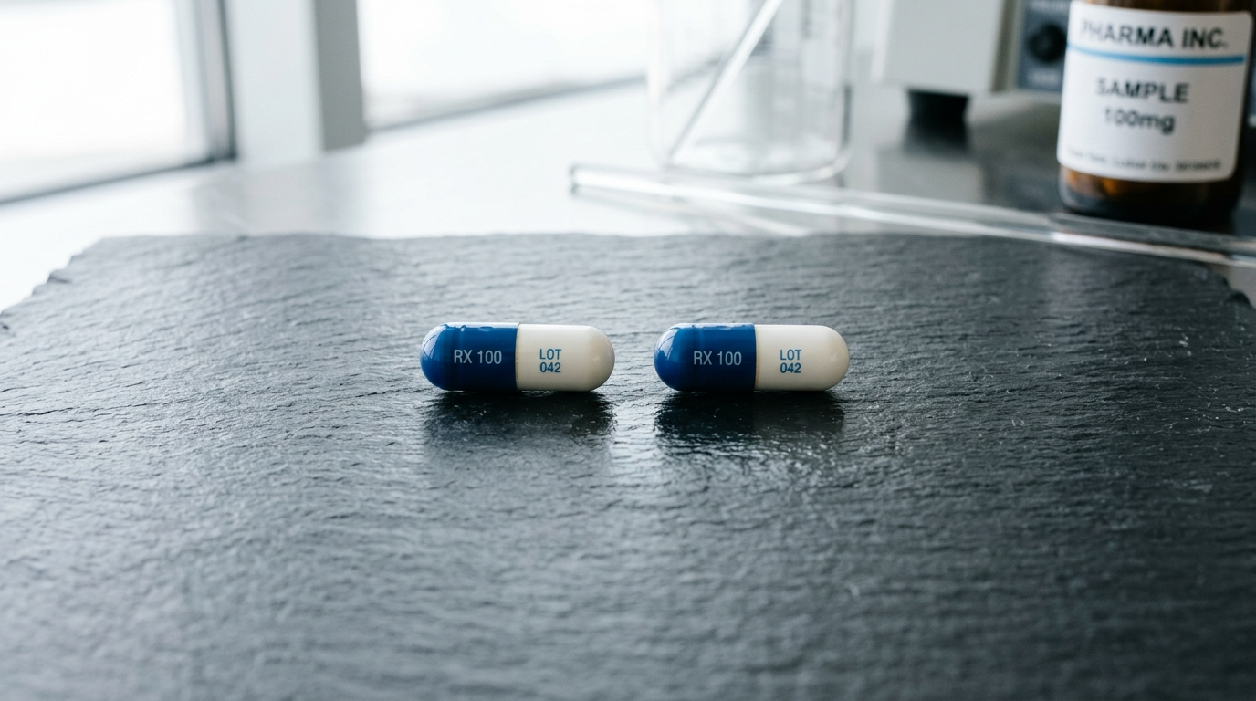 Two identical white pharmaceutical capsules side by side on a clinical laboratory slate representing generic and brand bioequivalence