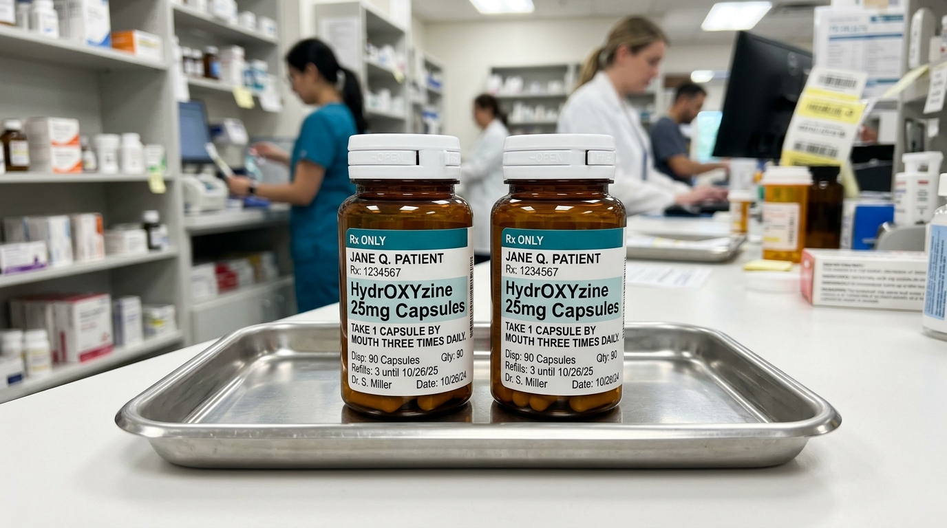 Two prescription pill bottles with nearly identical labels and shapes side-by-side on a pharmacy dispensing tray illustrating LASA risk