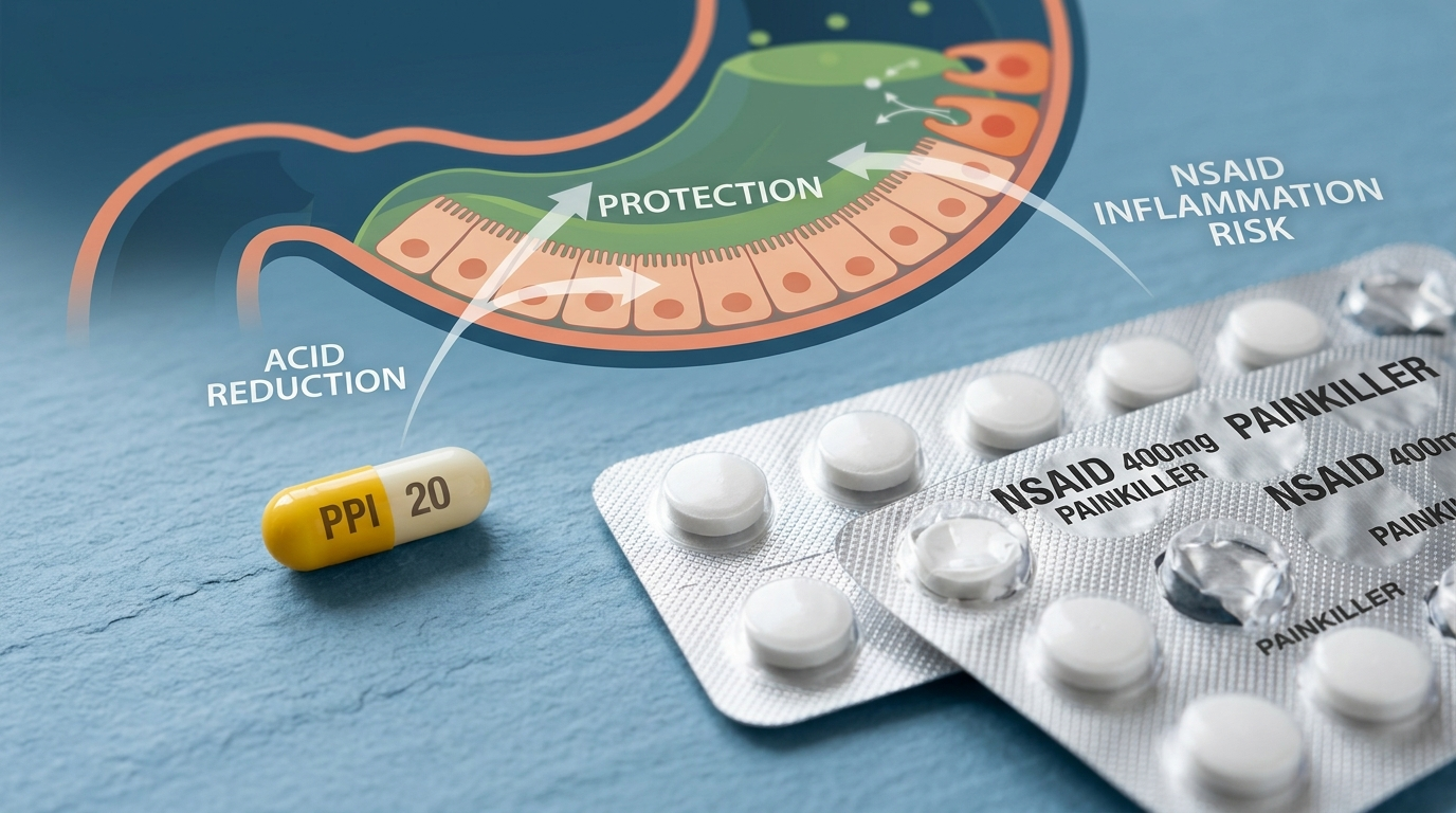 Proton pump inhibitor capsule sitting beside a blister pack of NSAID painkiller tablets on a clinical medical surface