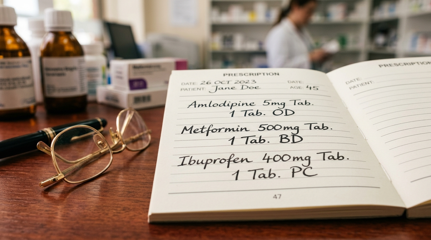Macro photograph of a clinical prescription slip displaying handwritten medical abbreviations like OD, BD, and PC next to a pair of reading glasses